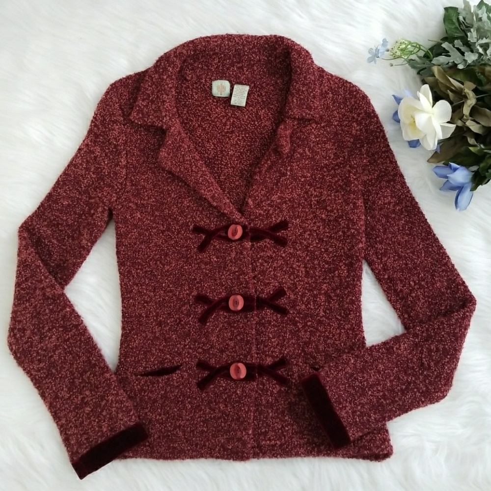 Women's Burgundy Textured Knit Sweater Jacket
